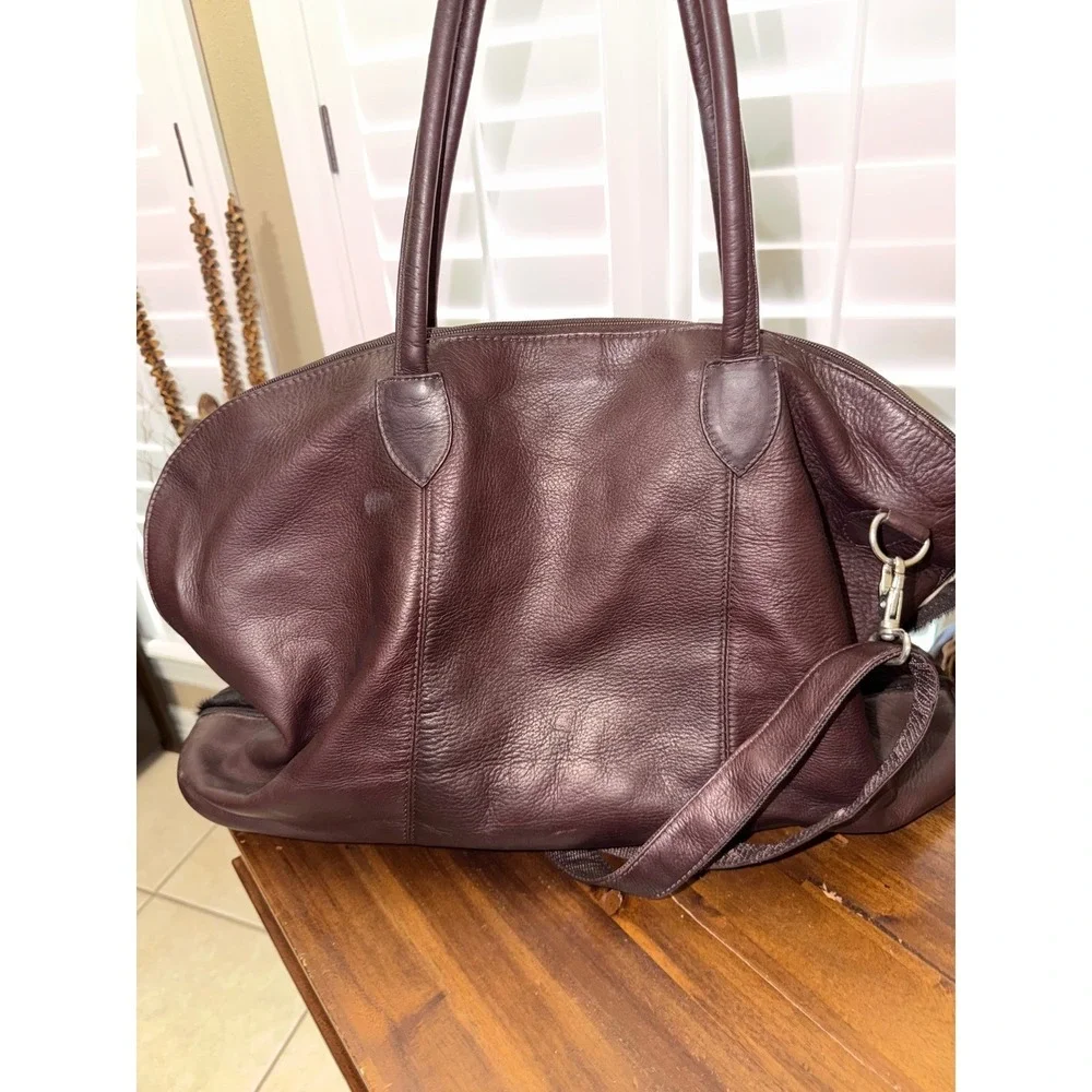 Burgundy Leather and Faux Fur Tote Duffel Bag with Detachable Shoulder Strap